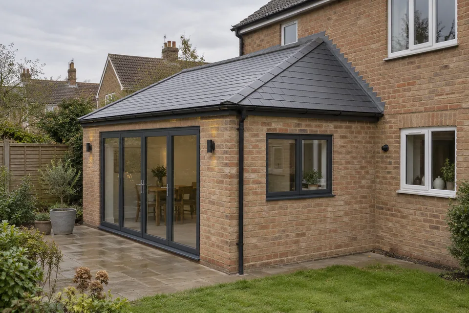 AI illustration of a brick rear extension with a pitched roof
