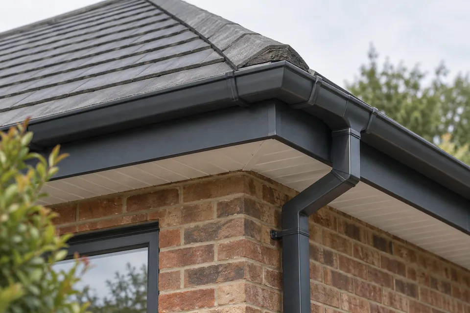 AI illustration of fascia, soffit and connected guttering at a roof corner