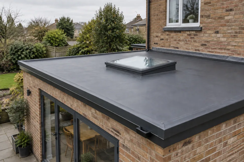 AI illustration of a flat membrane roof with a raised rooflight