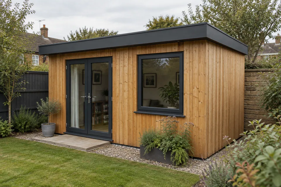 AI illustration of a timber-clad garden room with a dark roof edge