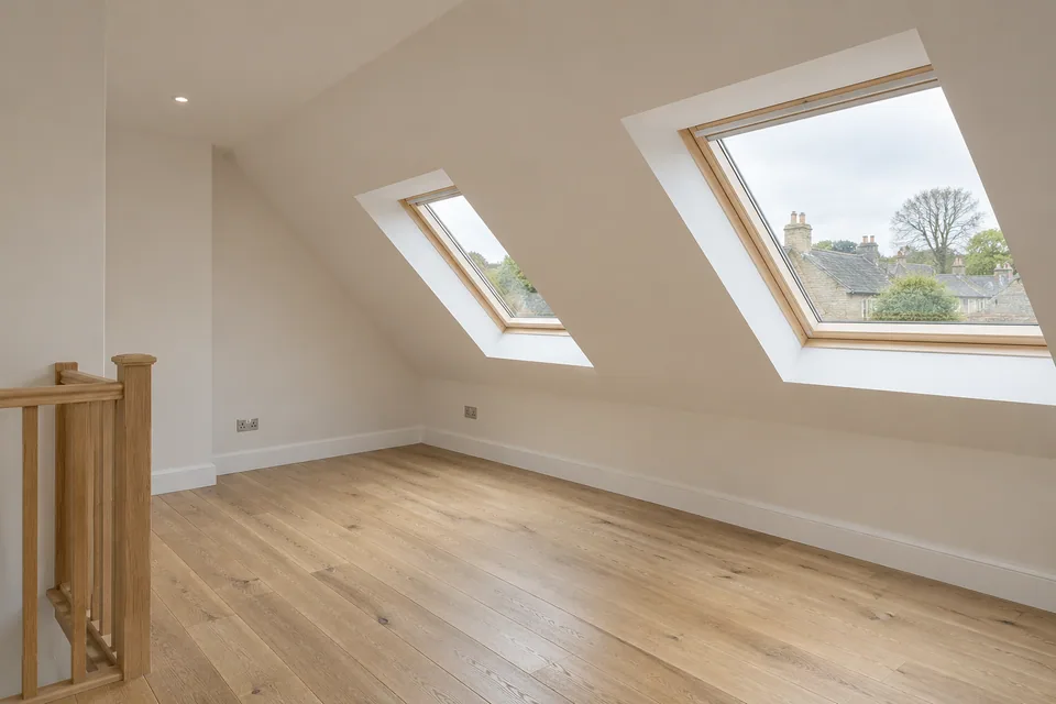 AI illustration of a converted loft with roof windows and a sloping ceiling