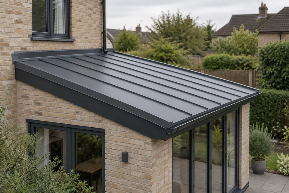 AI illustration of a shallow standing-seam roof on a rear extension