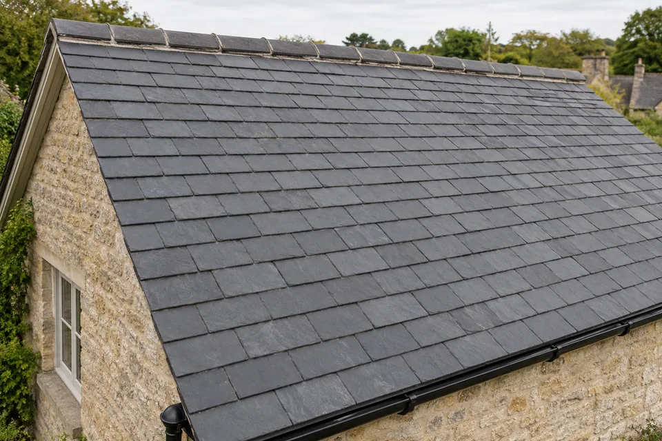AI illustration of a finished slate pitched roof on a stone house