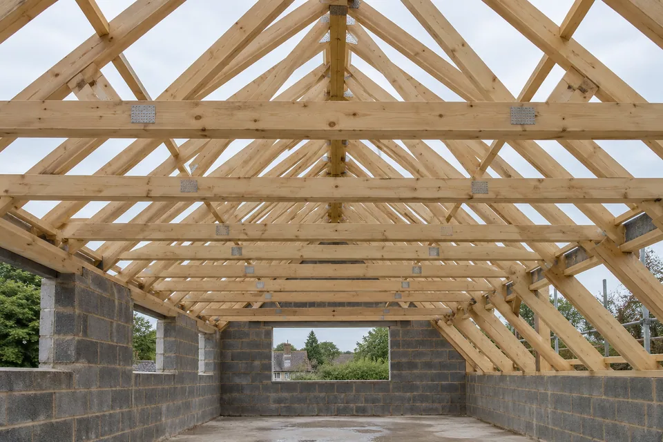 AI illustration of an exposed timber roof frame above masonry walls