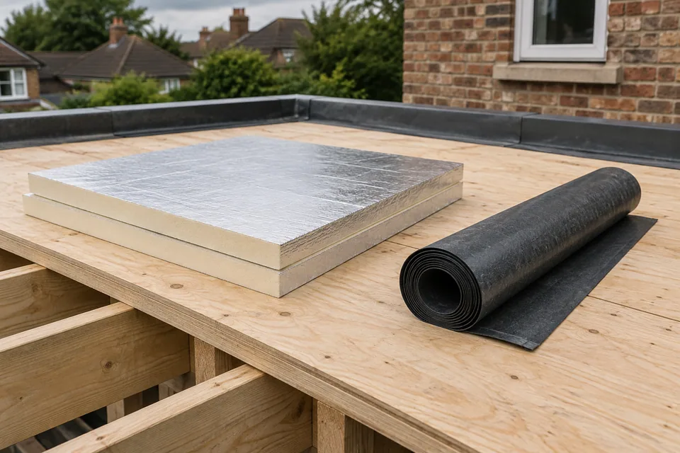 AI illustration of insulation boards and roofing membrane on a timber deck
